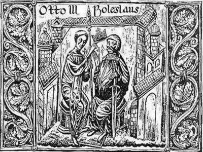 Otton III i Bolesław Chrobry podczas zjazdu